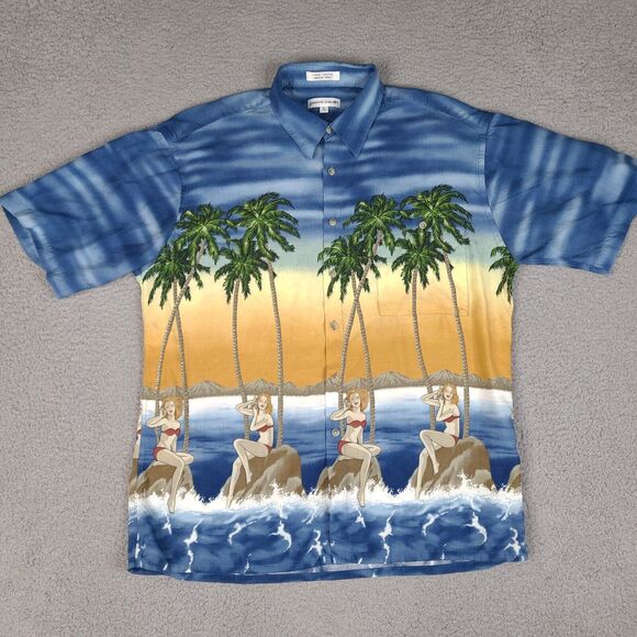 Vintage Pierre Cardin Hawaiian Shirt Mens Large Blue Palm Trees Woman Luau Rayon - Picture 1 of 15